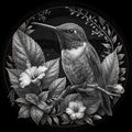 Black and white illustration of a hummingbird among leaves and flowers on a dark background
