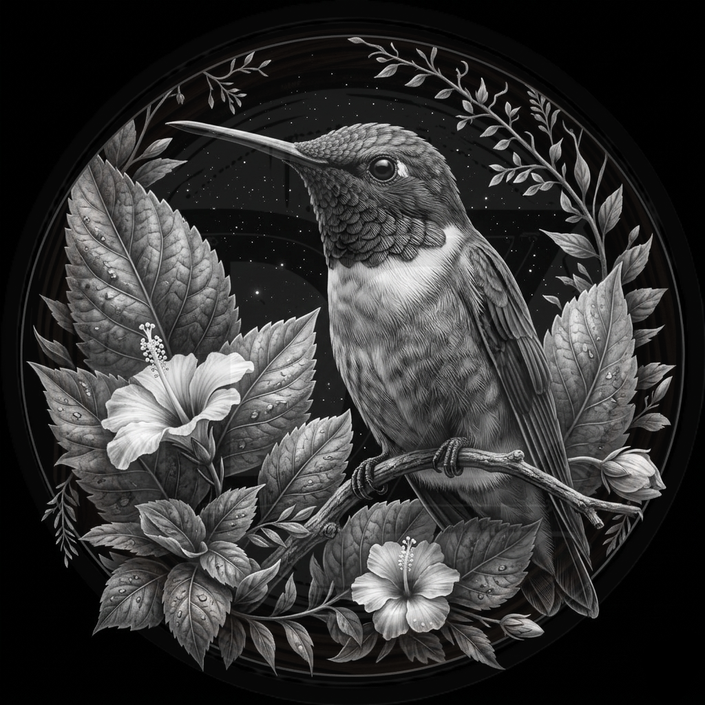 Black and white illustration of a hummingbird among leaves and flowers on a dark background