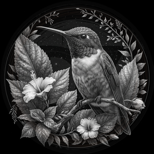 Black and white illustration of a hummingbird among leaves and flowers on a dark background