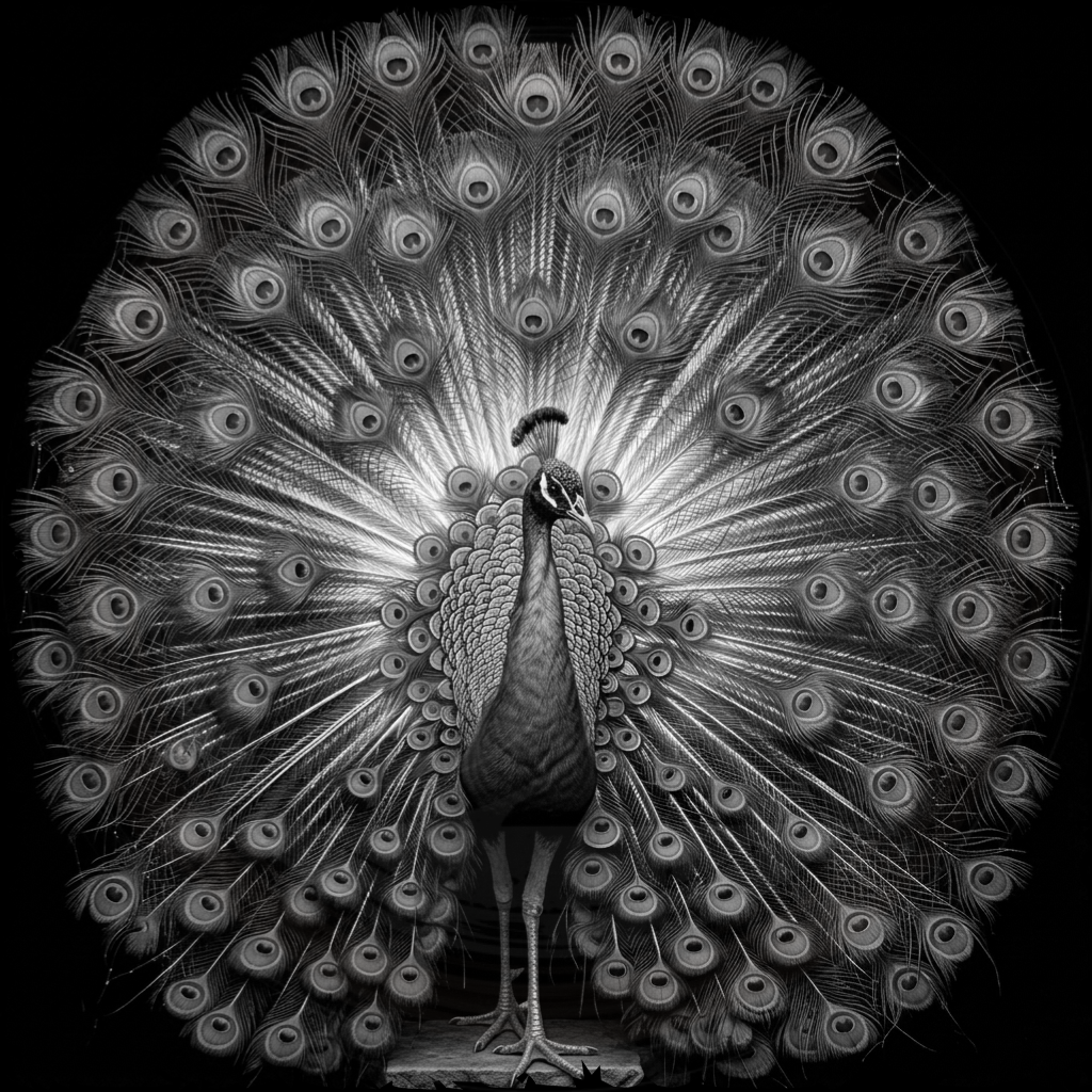 Black and white image of a peacock with its feathers spread out