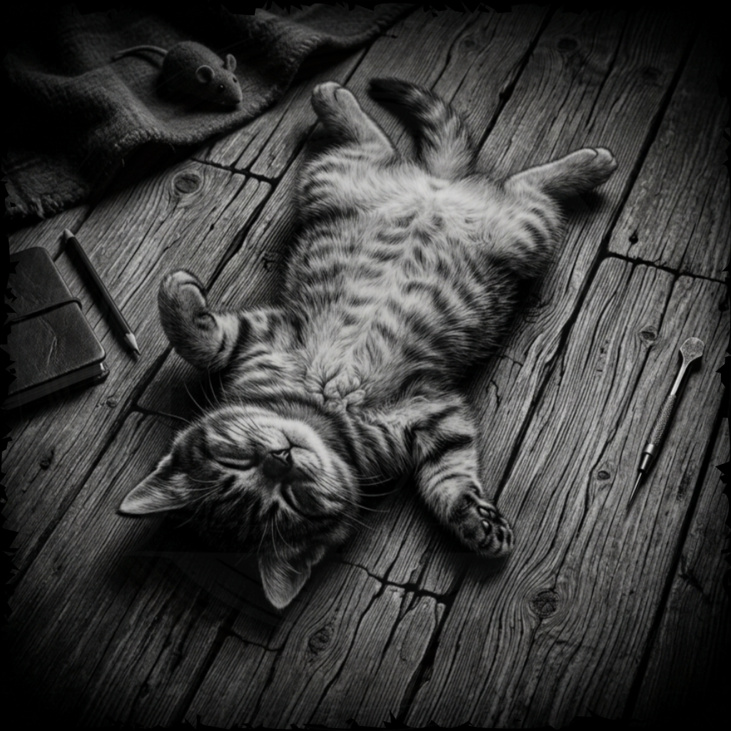 Cat lying on a wooden floor with a small object nearby