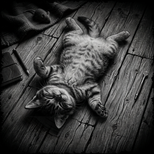 Cat lying on a wooden floor with a small object nearby