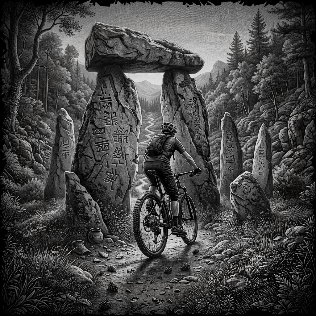 Person on a bicycle near ancient stone monuments in a forest