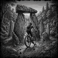 Person on a bicycle near ancient stone monuments in a forest