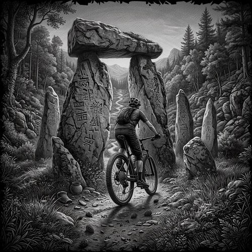 Person on a bicycle near ancient stone monuments in a forest