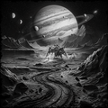 Science fiction scene with a spacecraft on a barren planet, Jupiter in the background