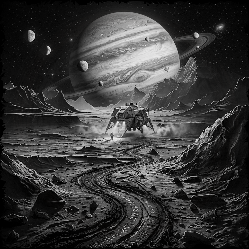 Science fiction scene with a spacecraft on a barren planet, Jupiter in the background