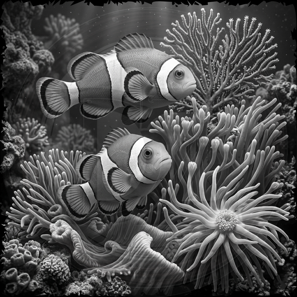 Two clownfish swimming among coral in a black and white underwater scene