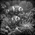 Two clownfish swimming among coral in a black and white underwater scene
