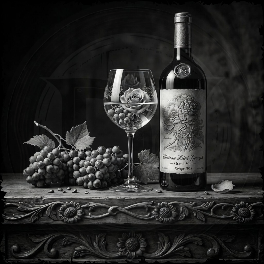 Still life with a bottle of Château Saint-Georges Grand Vin, a glass with grapes, and a cluster of grapes on an ornate wooden surface.