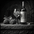 Still life with a bottle of Château Saint-Georges Grand Vin, a glass with grapes, and a cluster of grapes on an ornate wooden surface.