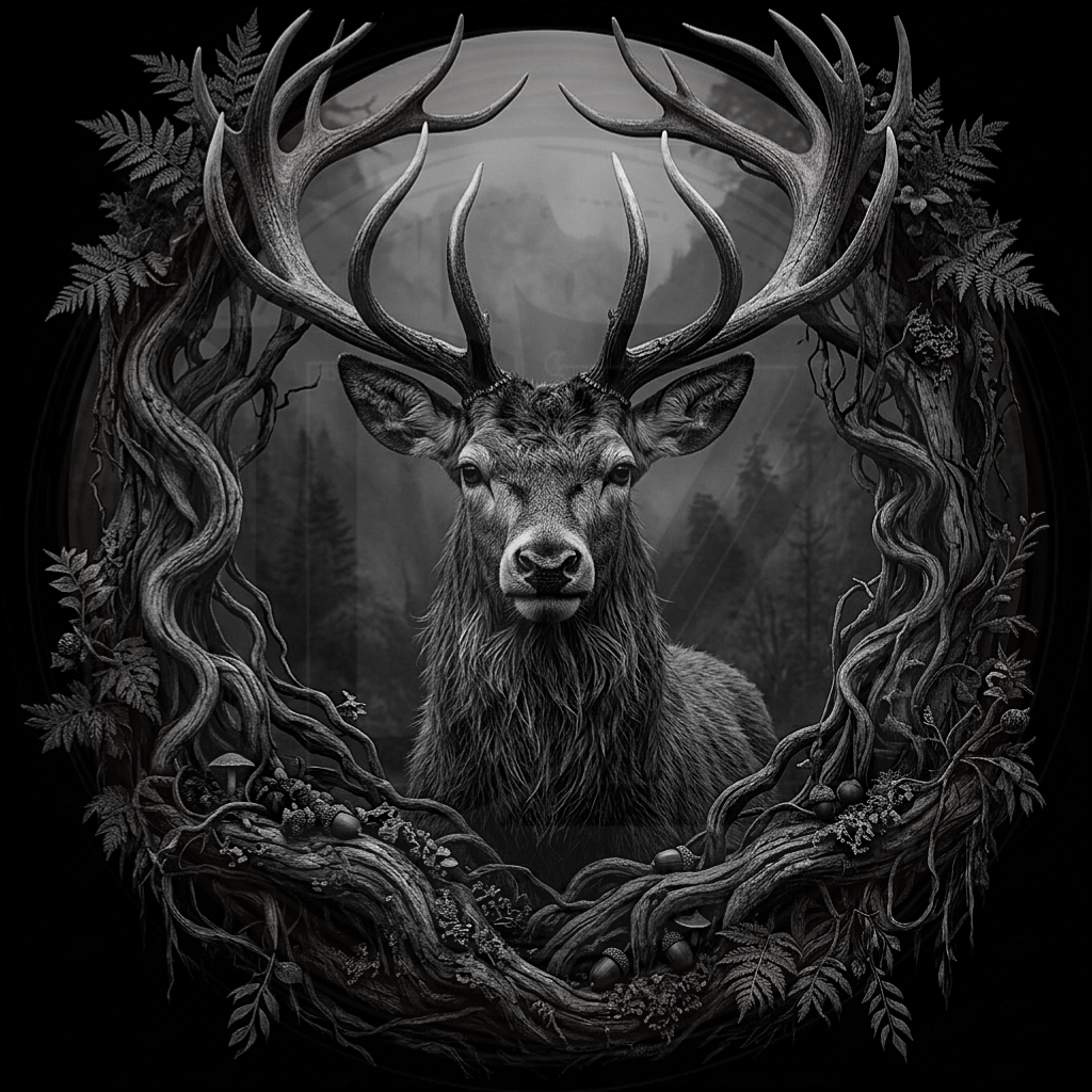 Black and white illustration of a deer with large antlers surrounded by nature elements.