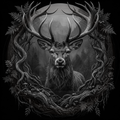 Black and white illustration of a deer with large antlers surrounded by nature elements.