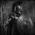 Black and white image of a warrior holding a spear and shield against a dark background