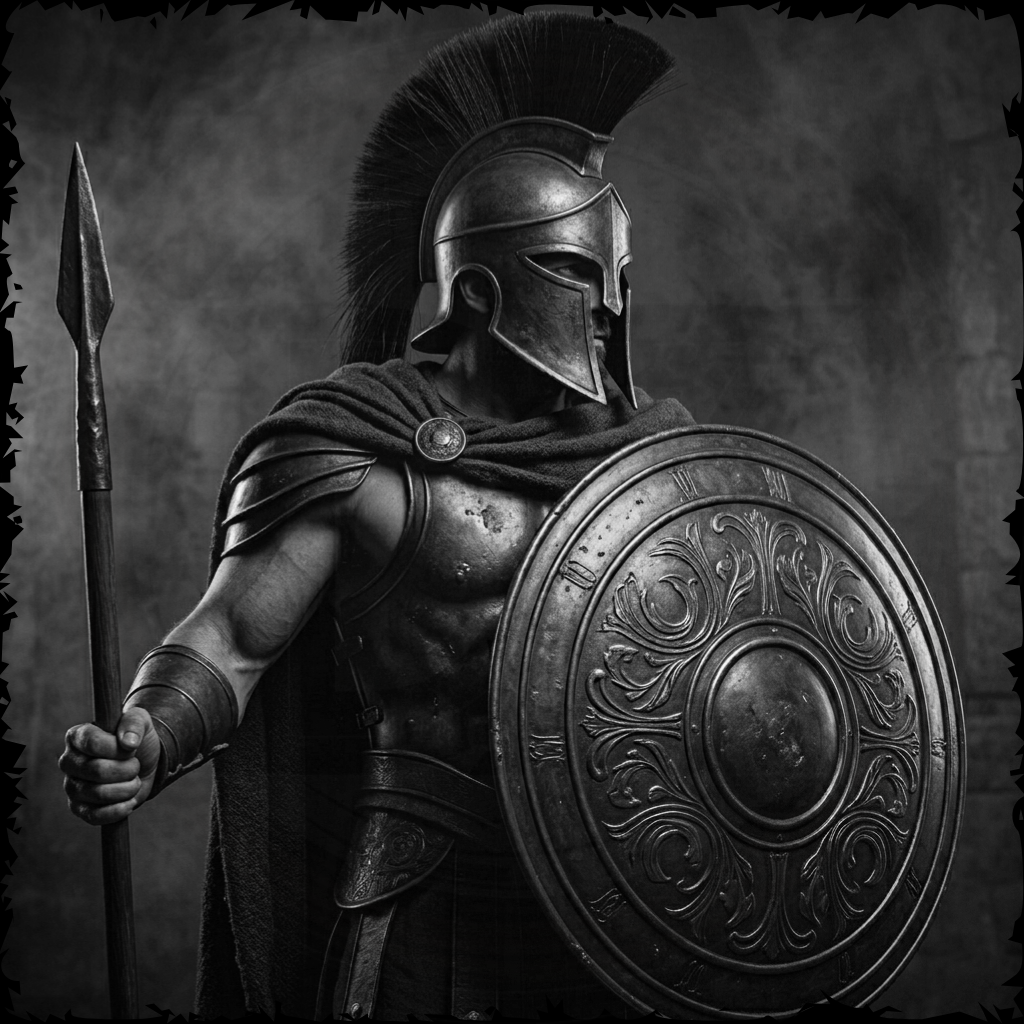 Black and white image of a warrior holding a spear and shield against a dark background