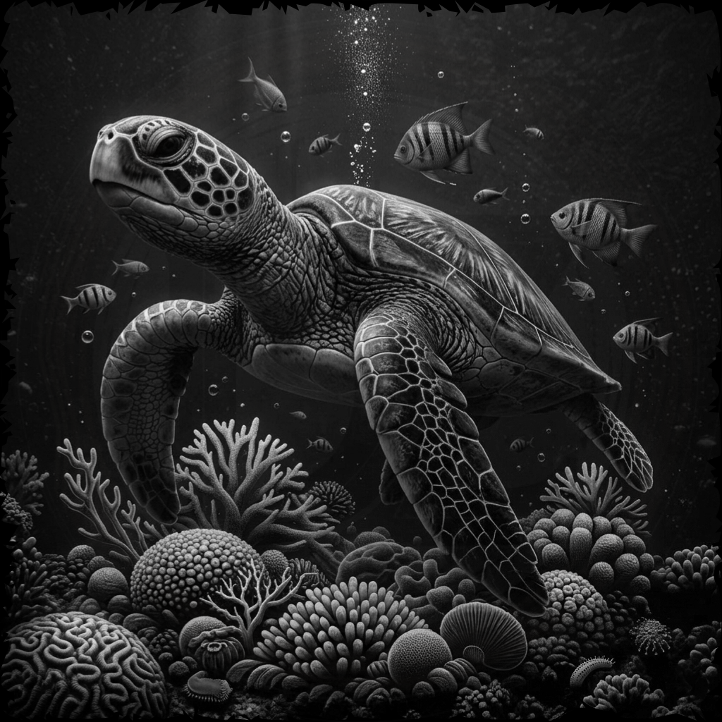 Black and white illustration of a turtle in an underwater scene with coral and fish.