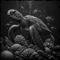 Black and white illustration of a turtle in an underwater scene with coral and fish.
