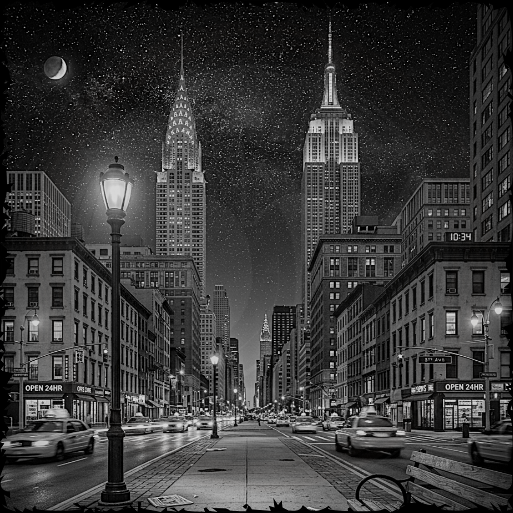 City street at night with tall buildings and streetlights, featuring iconic skyscrapers.