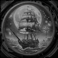 Black and white ship illustration on a celestial background with moon and stars.