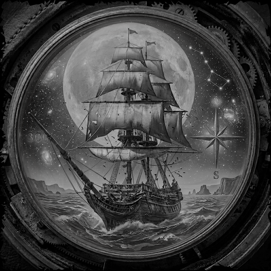 Black and white ship illustration on a celestial background with moon and stars.