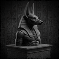 Statue of a Egyptian deity with hieroglyphs in the background