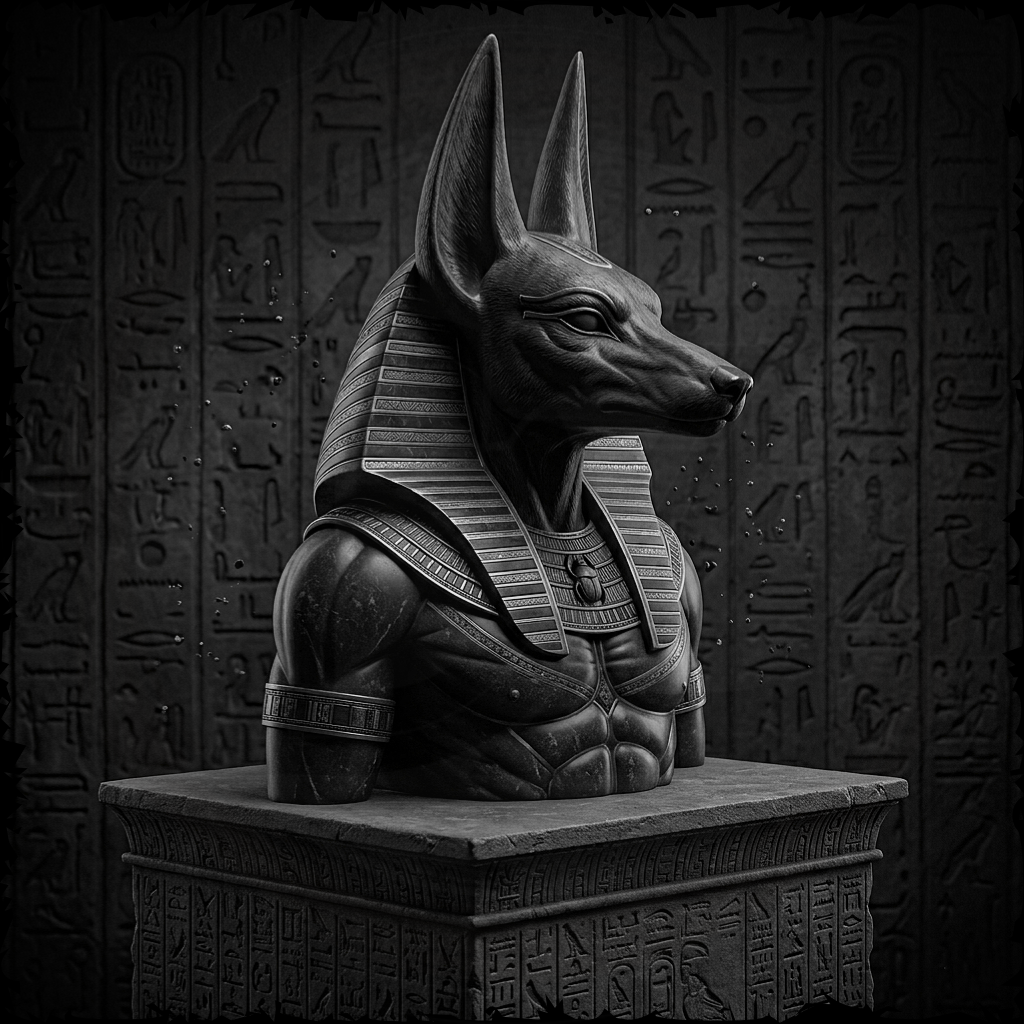 Statue of a Egyptian deity with hieroglyphs in the background