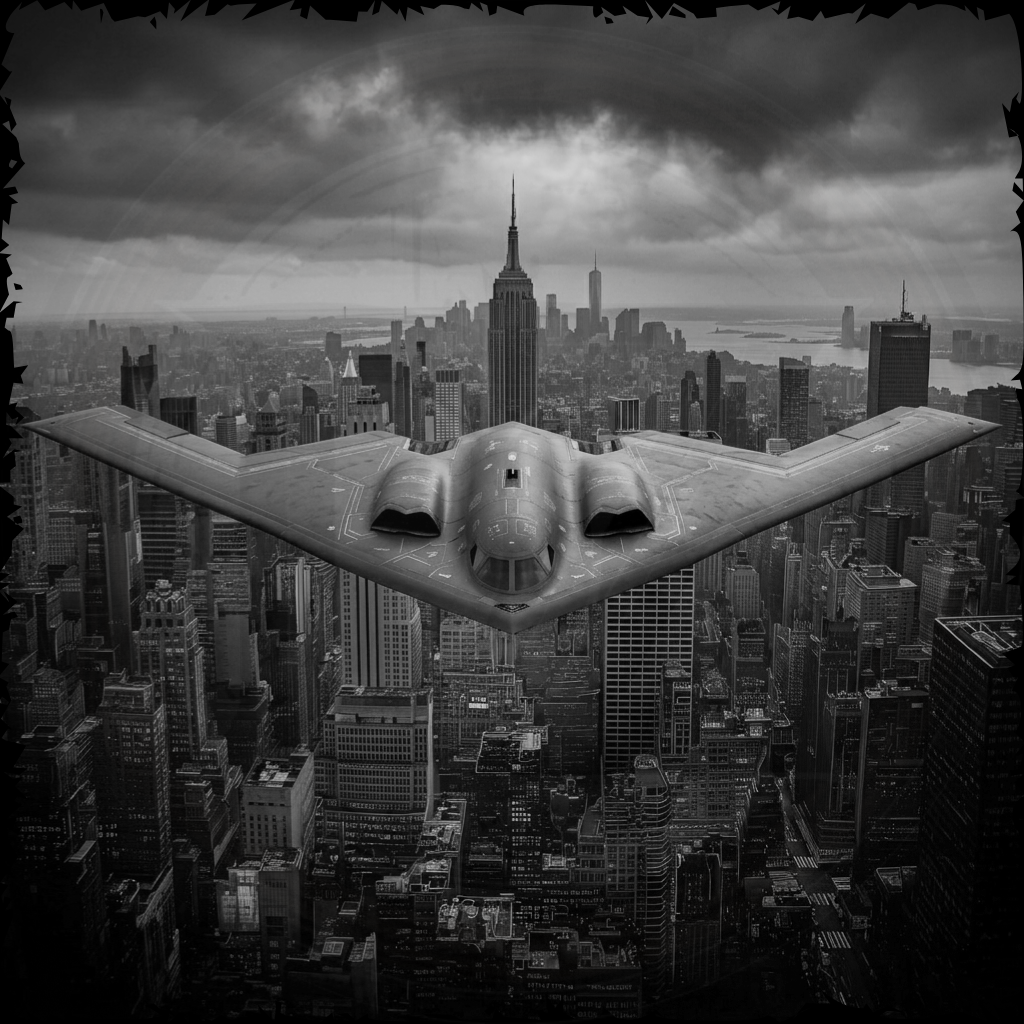 Futuristic aircraft flying over a cityscape with the Empire State Building in the background