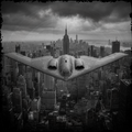 Futuristic aircraft flying over a cityscape with the Empire State Building in the background