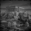 Black and white image of a classical architectural structure on a rocky outcrop with trees and pathways.