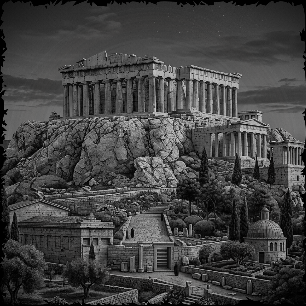 Black and white image of a classical architectural structure on a rocky outcrop with trees and pathways.