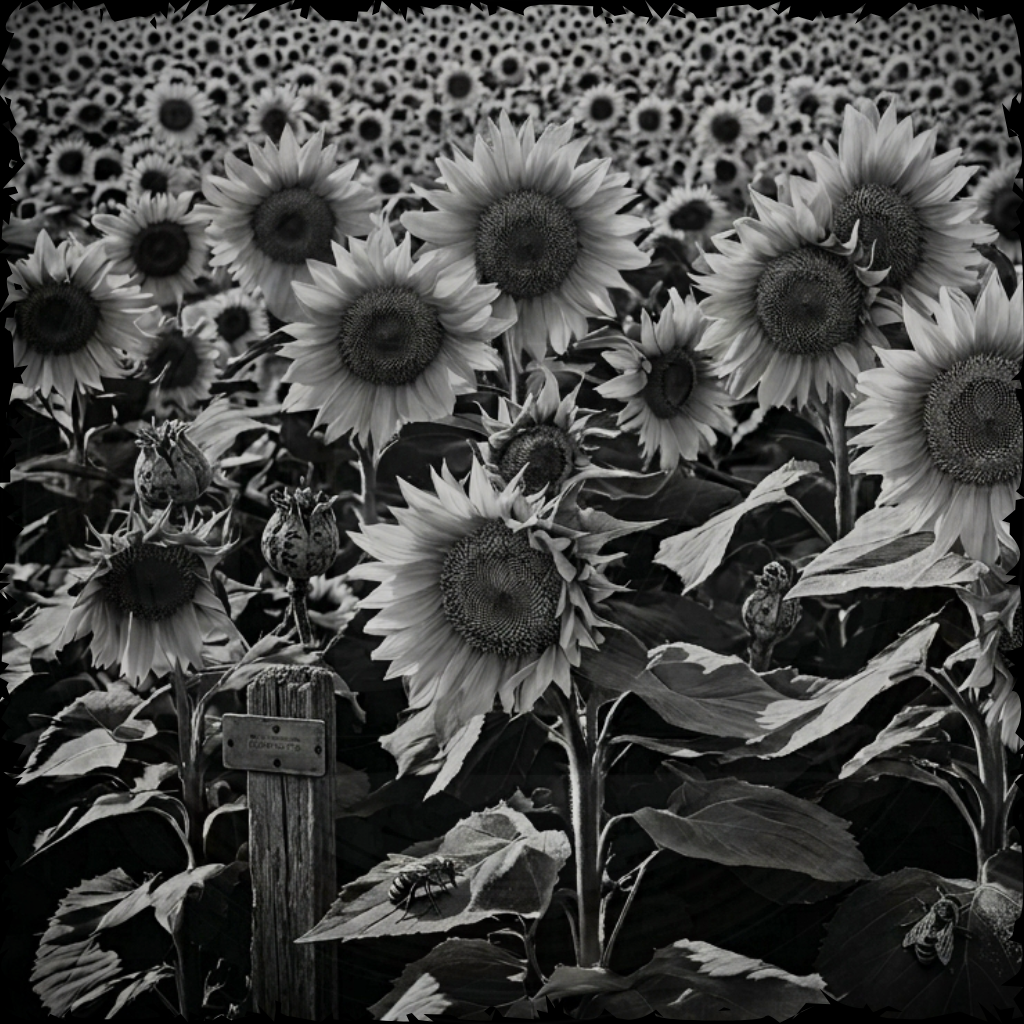Black and white image of sunflowers with a textured patterned border.