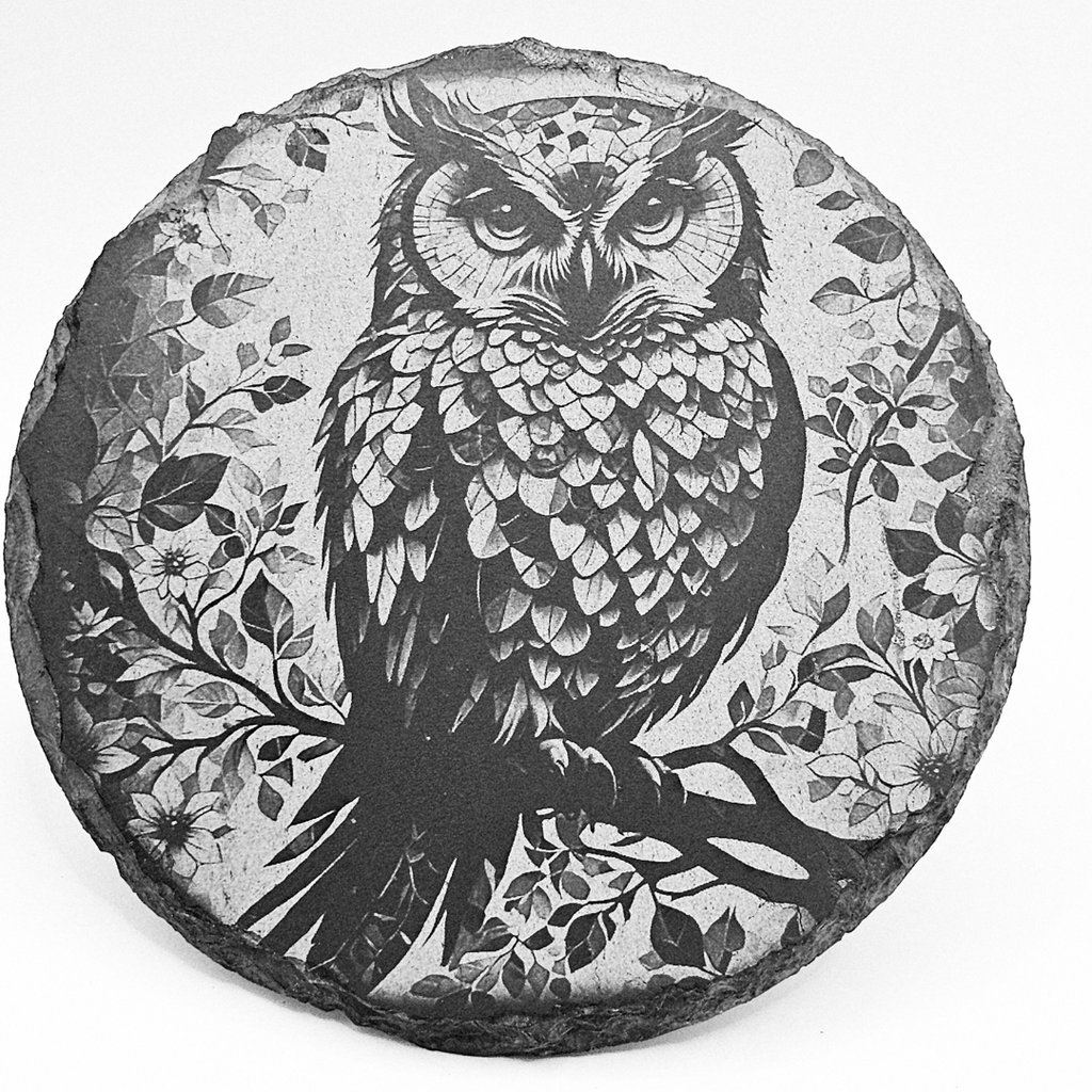Decorative stone with an owl design surrounded by foliage on a white background