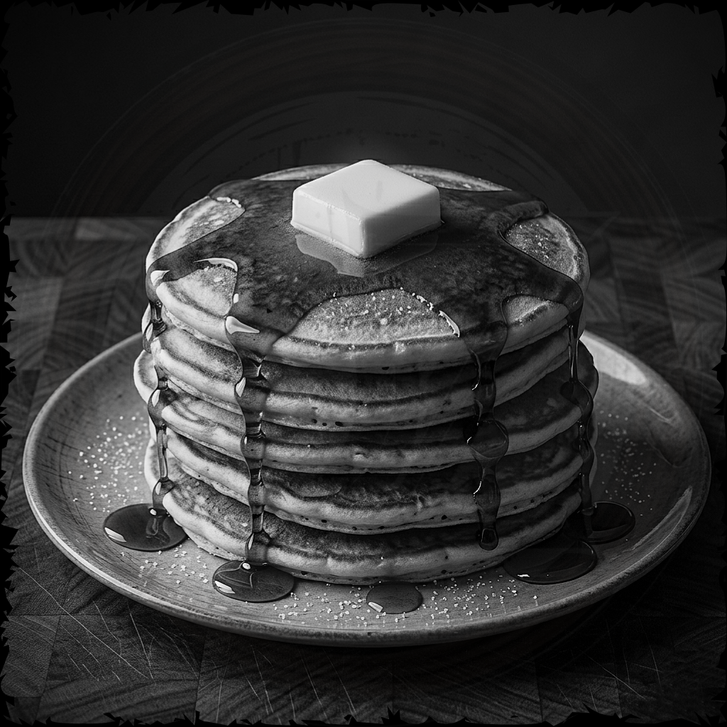 Stack of pancakes with syrup and a pat of butter on a plate, black and white photo.