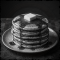 Stack of pancakes with syrup and a pat of butter on a plate, black and white photo.
