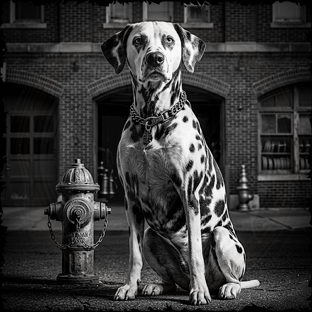 Dalmatian dog sitting next to a fire hydrant in front of a brick building.