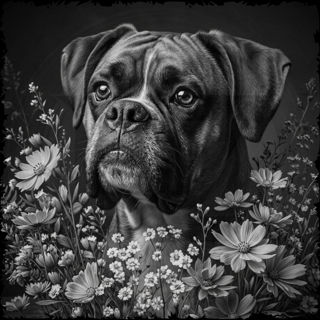 Black and white illustration of a dog surrounded by flowers