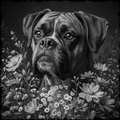 Black and white illustration of a dog surrounded by flowers