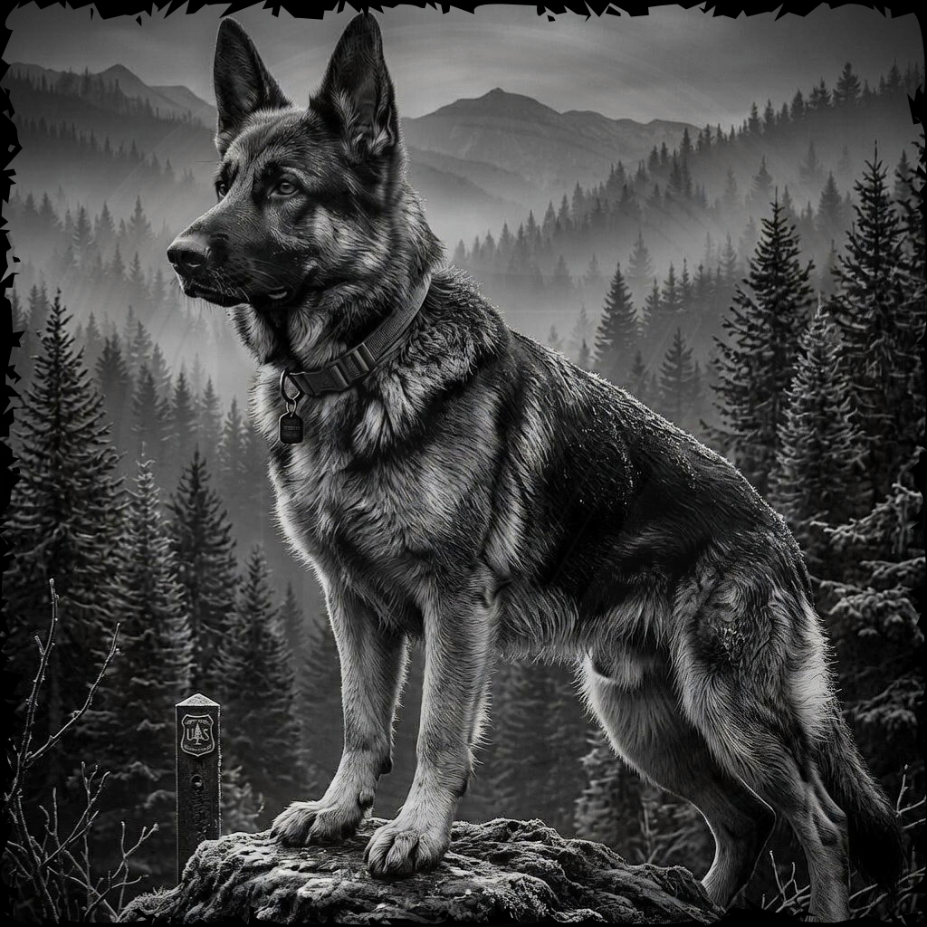 German Shepherd standing on a rock with a forest and mountain background
