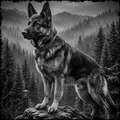 German Shepherd standing on a rock with a forest and mountain background