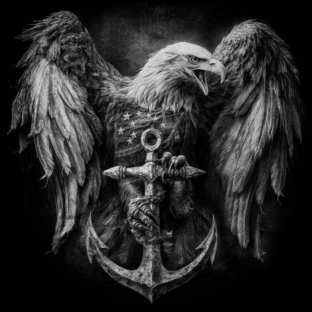 Black and white illustration of an eagle with an American flag and anchor.