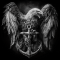 Black and white illustration of an eagle with an American flag and anchor.