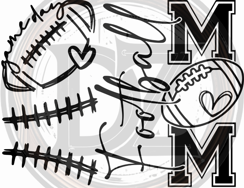 Black and white design with footballs, hearts, and 'MOM' text on a circular background.