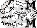 Black and white design with footballs, hearts, and 'MOM' text on a circular background.