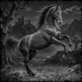 Black and white horse rearing on a rocky landscape with a castle and cross in the background