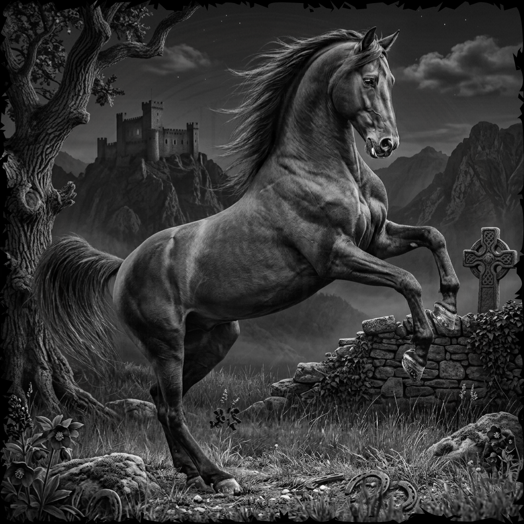 Black and white horse rearing on a rocky landscape with a castle and cross in the background