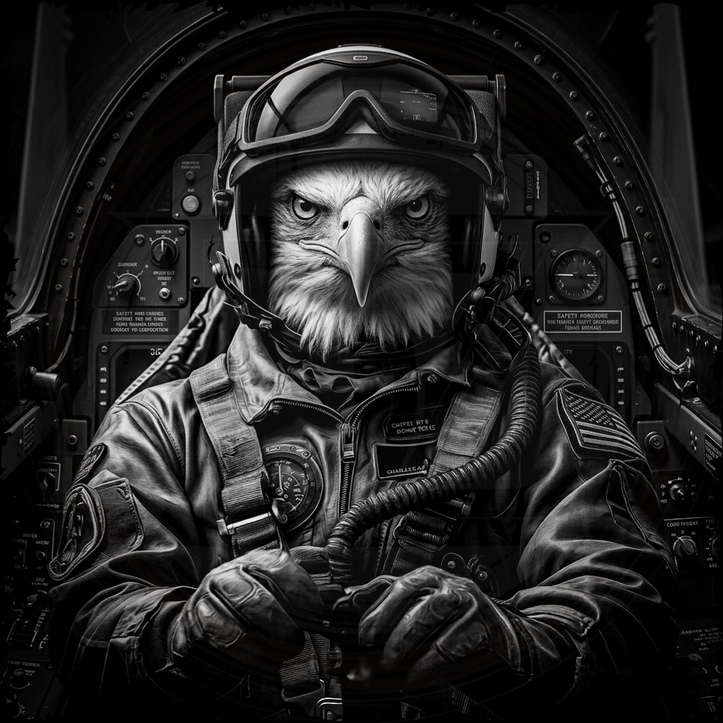 Person wearing a helmet with an eagle's face in a cockpit setting