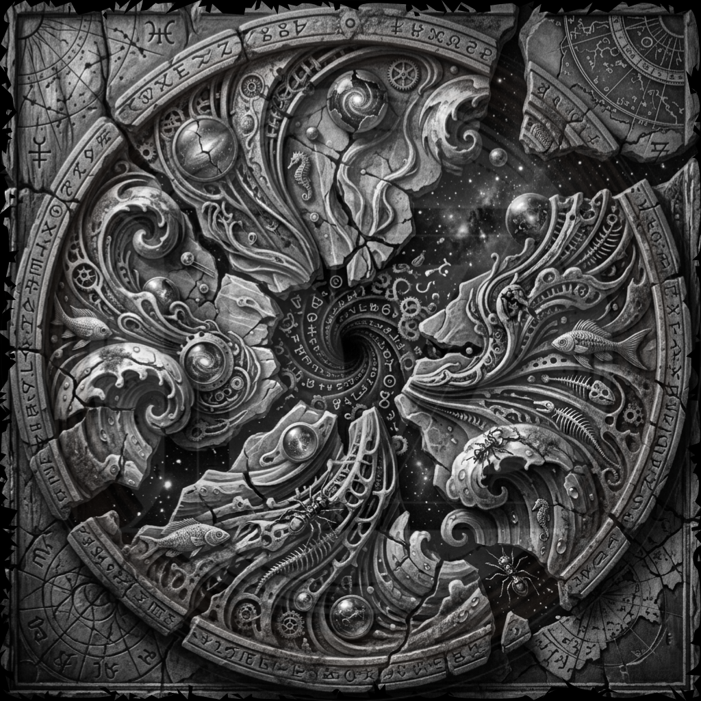 Decorative stone panel with intricate carvings and symbols, featuring a central spiral design.