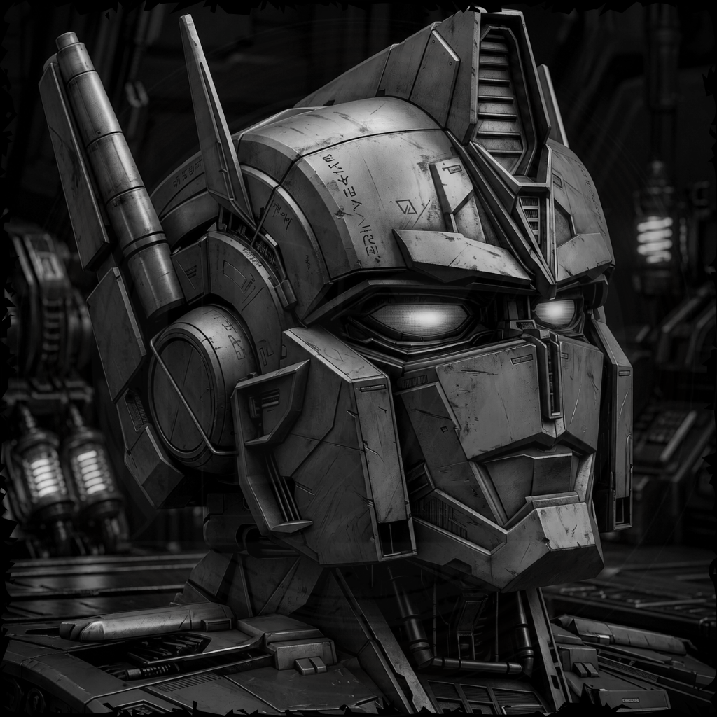 Close-up of a robot's head with intricate details in a dark setting