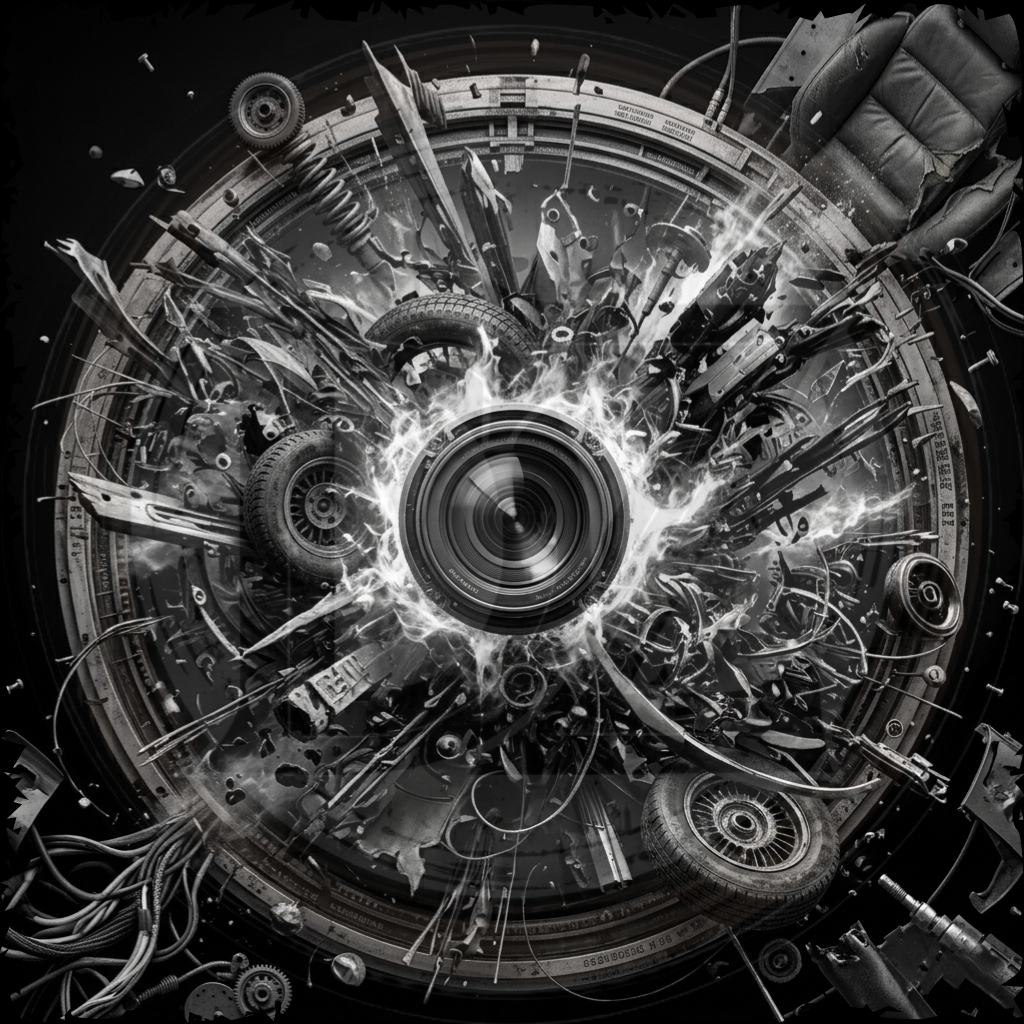 Mechanical and electronic components forming a circular design with a central camera lens.