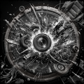 Mechanical and electronic components forming a circular design with a central camera lens.